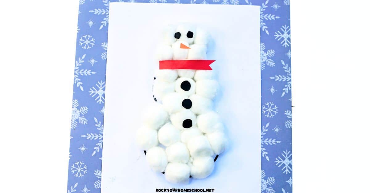 Example of cute snowman cotton ball craft for kids.