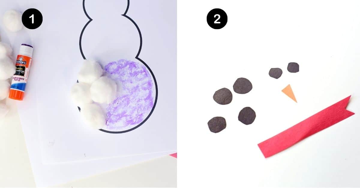 Snowman template with cotton balls and glue stick and construction paper pieces of black circles, orange triangle, and red scarf.