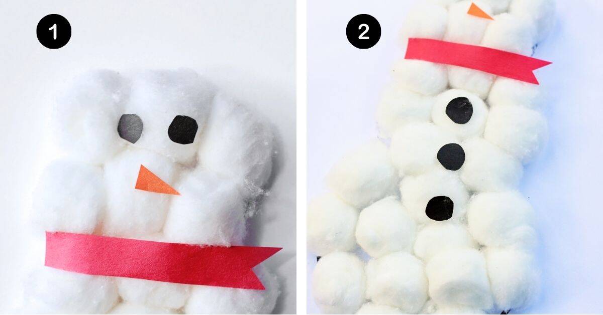 Cotton ball snowman craft with focus on face and boday.