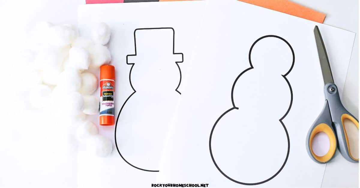 Free printable snowman templates with scissors, cardstock, glue stick and cotton balls.