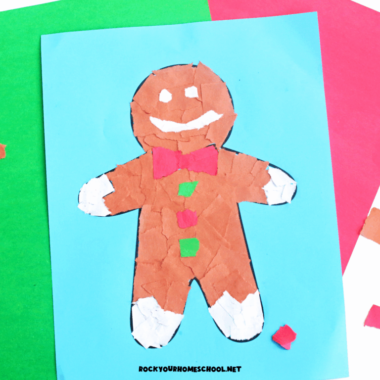 Example of easy paper gingerbread man craft made out of brown torn paper using free printable template.