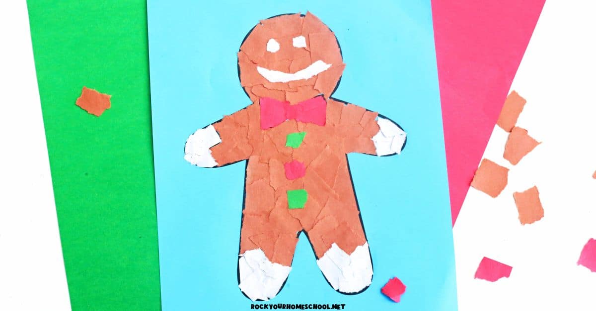 Example of torn paper gingerbread man craft made with template, white, red, green, and brown paper pieces.
