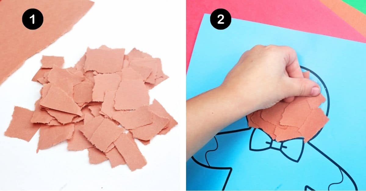 Pile of torn brown paper pieces with child adding brown paper piece on gingerbread man template.