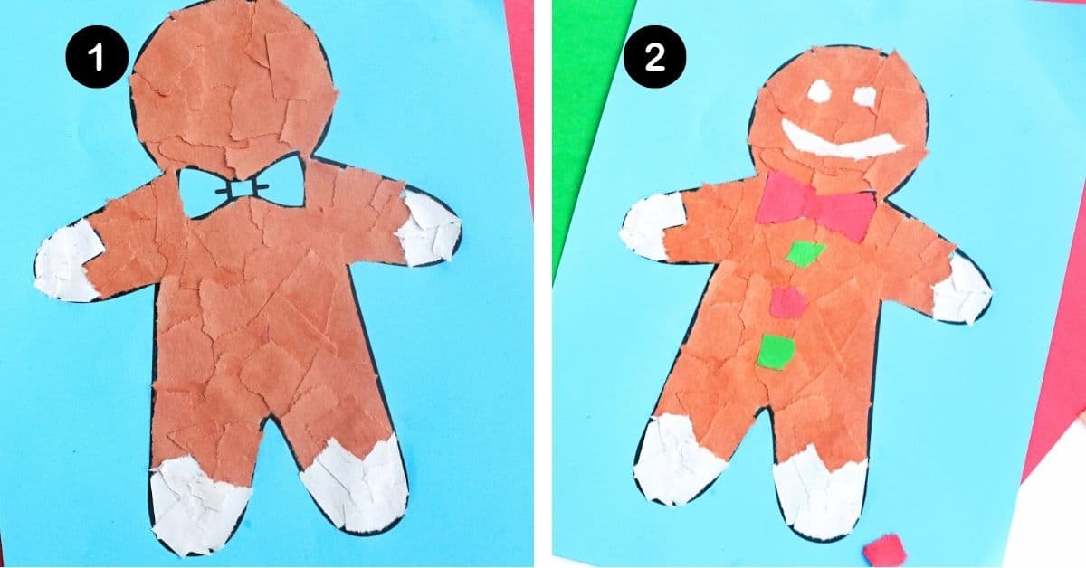 Gingerbread man template with white, red, green, and brown torn paper pieces.