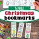 Woman holding page of printable Christmas bookmarks to color with five examples.