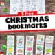 Woman holding page of printable Christmas bookmarks to color with five examples.
