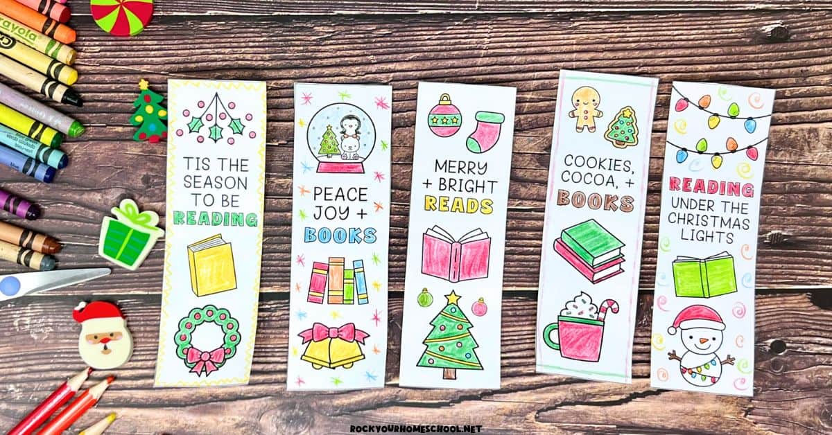 Five examples of free printable Christmas coloring bookmarks with crayons and color pencils. 