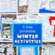 Examples of free printable winter activities for kids including word search, alphabet game, playdough mats, color by number, snowflake math, memory game, word search, and winter walk scavenger hunt.