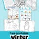 Examples of free printable winter activities for kids including winter walk scavenger hunt, color by number, alphabet game, memory game cards, word search, and playdough mats.