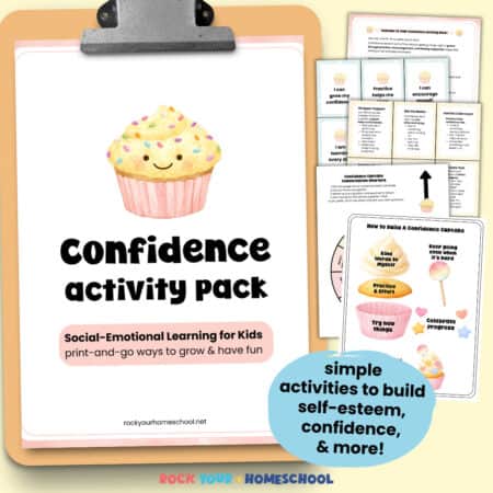 Confidence activity pack for kids cover on clipboard with examples of printable activities to help kids learn and practice important self-esteem and confidence-building skills.