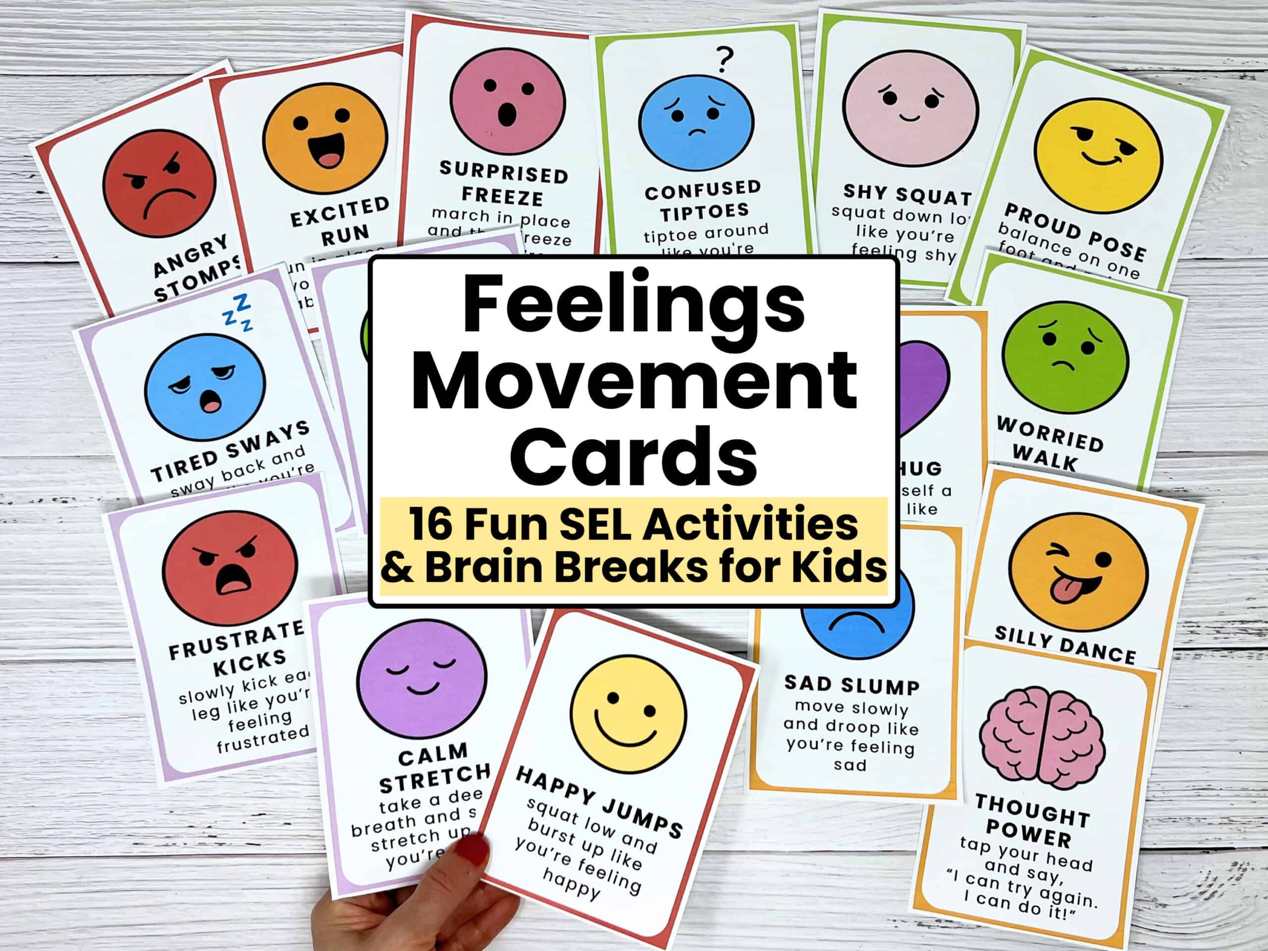 Woman holding examples of Calm Stretch and Happy Jumps for this set of 16 Feelings Movement Cards for Kids.
