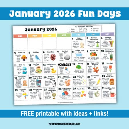 Example of free printable January 2026 Fun Days Calendar for Kids.