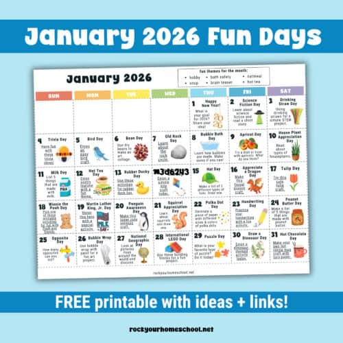 Example of free printable January 2026 Fun Days Calendar for Kids.