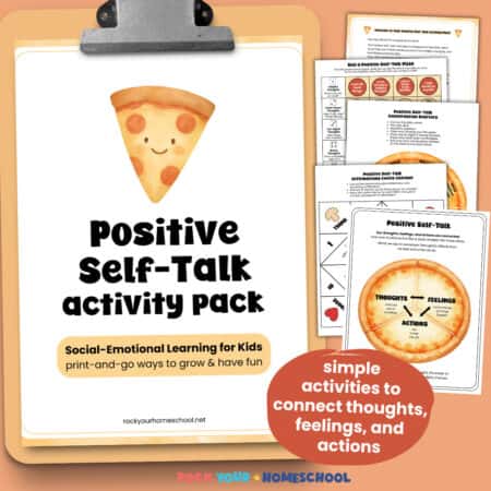 Positive self-talk activity pack for kids cover on clipboard with examples of printable activities to help kids connect thoughts, feelings, and actions.