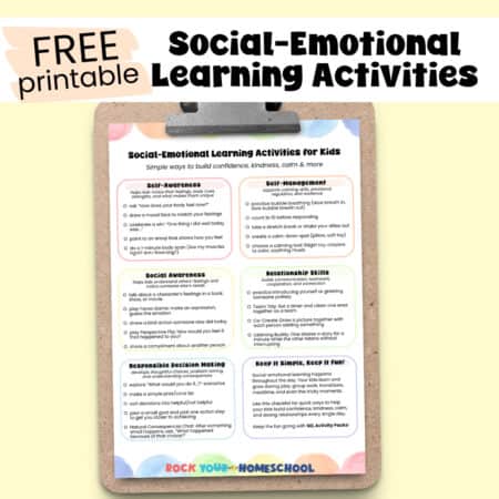 Free printable Social-Emotional Learning Activities for Kids Checklist on clipboard.