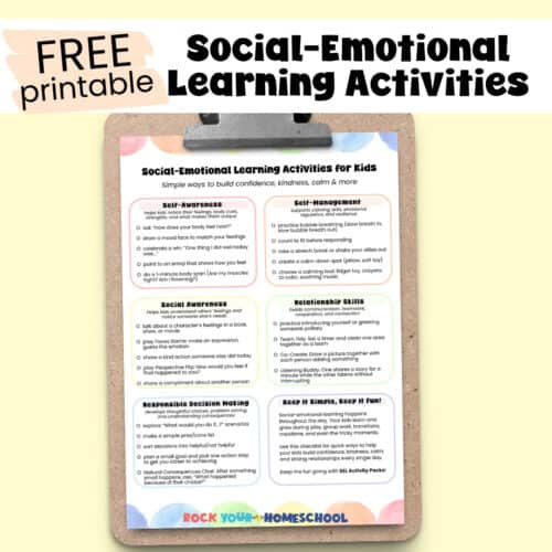 Free printable Social-Emotional Learning Activities for Kids Checklist on clipboard.