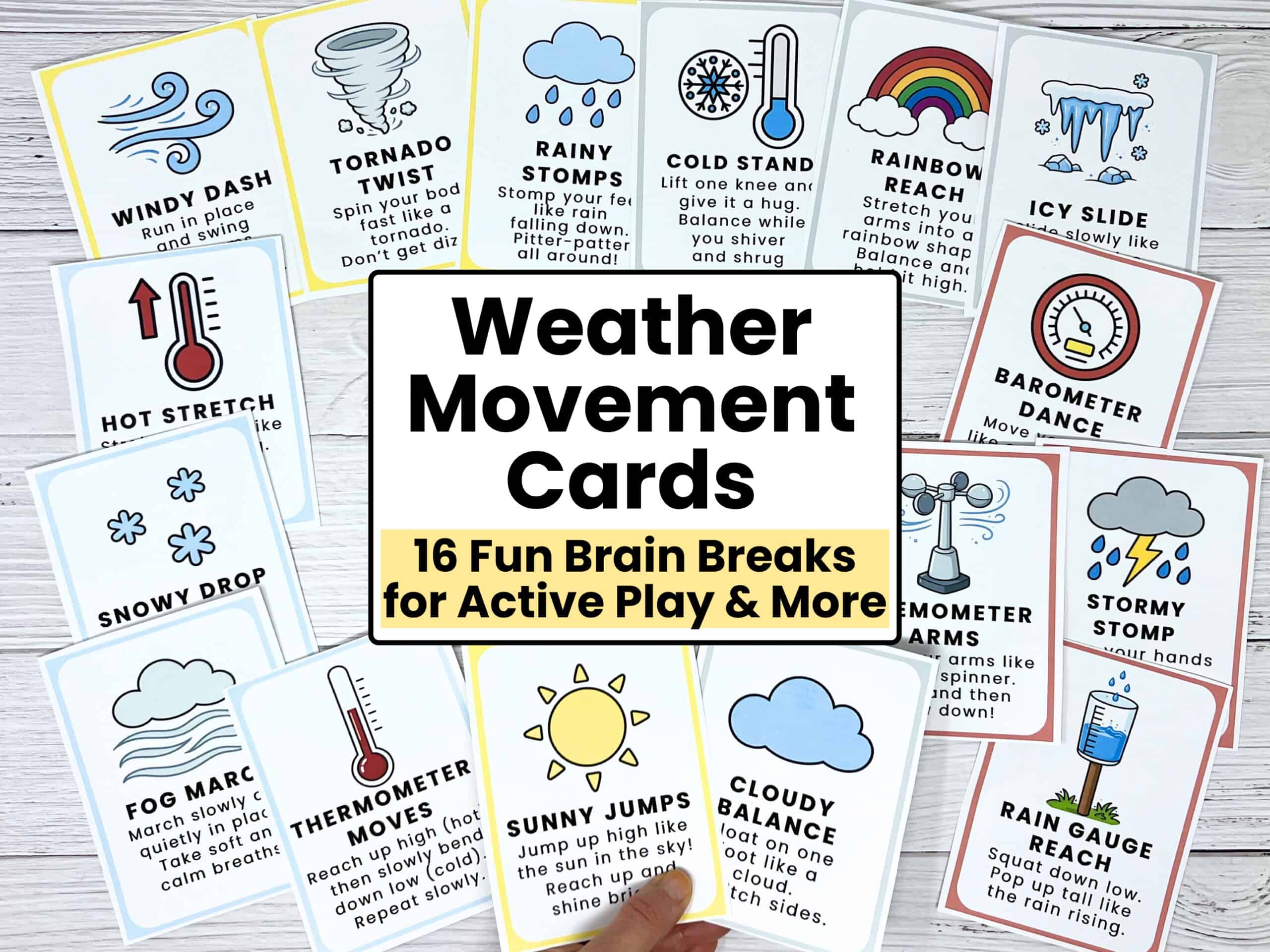 Woman with set of weather movement cards for kids.