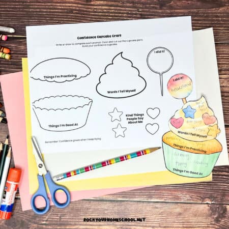 Example of confidence activity for kids cupcake craft with free printable set.