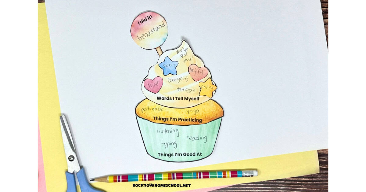 Color example of free printable cupcake craft for confidence activity for kids.