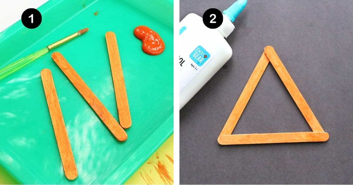 Popsicle sticks painted orange and glued into triangle shape.