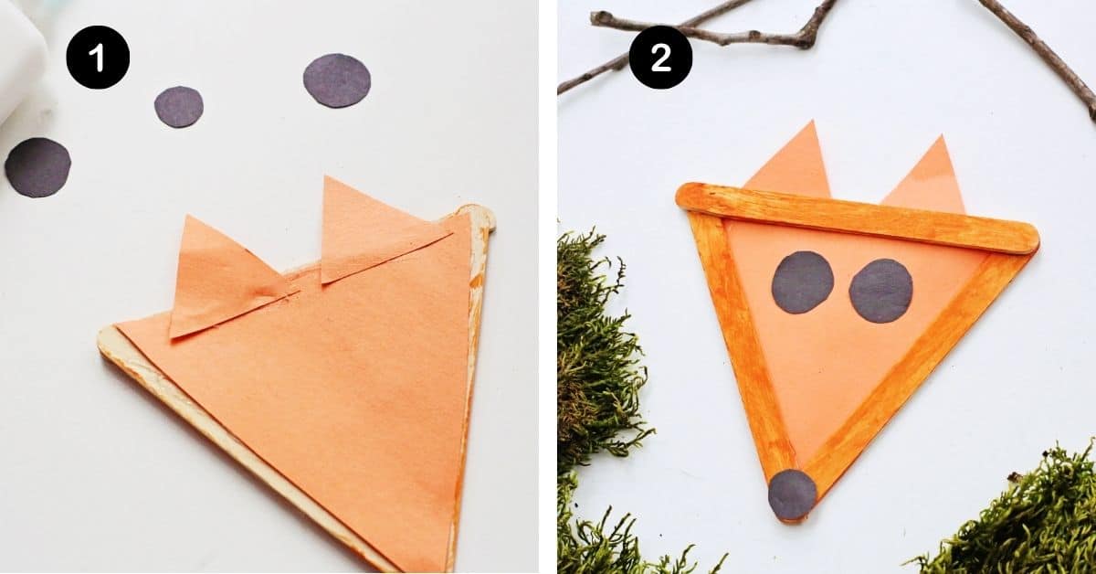 Paper triangle glue onto triangle popsicle sticks and example of fox craft for kids.