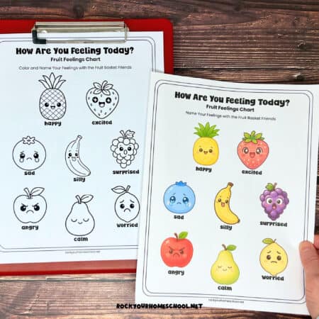Examples of free printable fruit-themed feelings posters for kids to learn about emotions.
