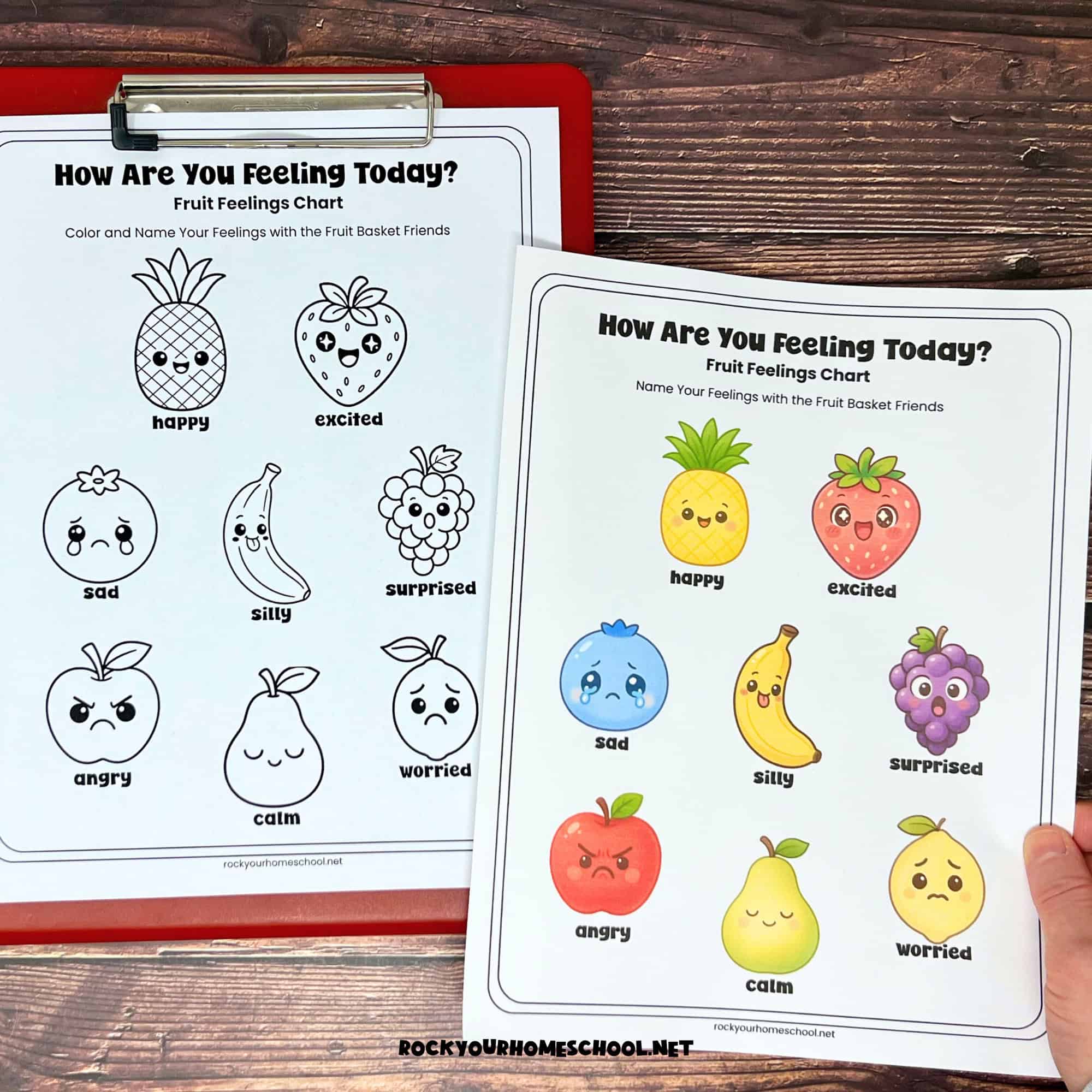 Examples of free printable fruit-themed feelings posters for kids to learn about emotions.