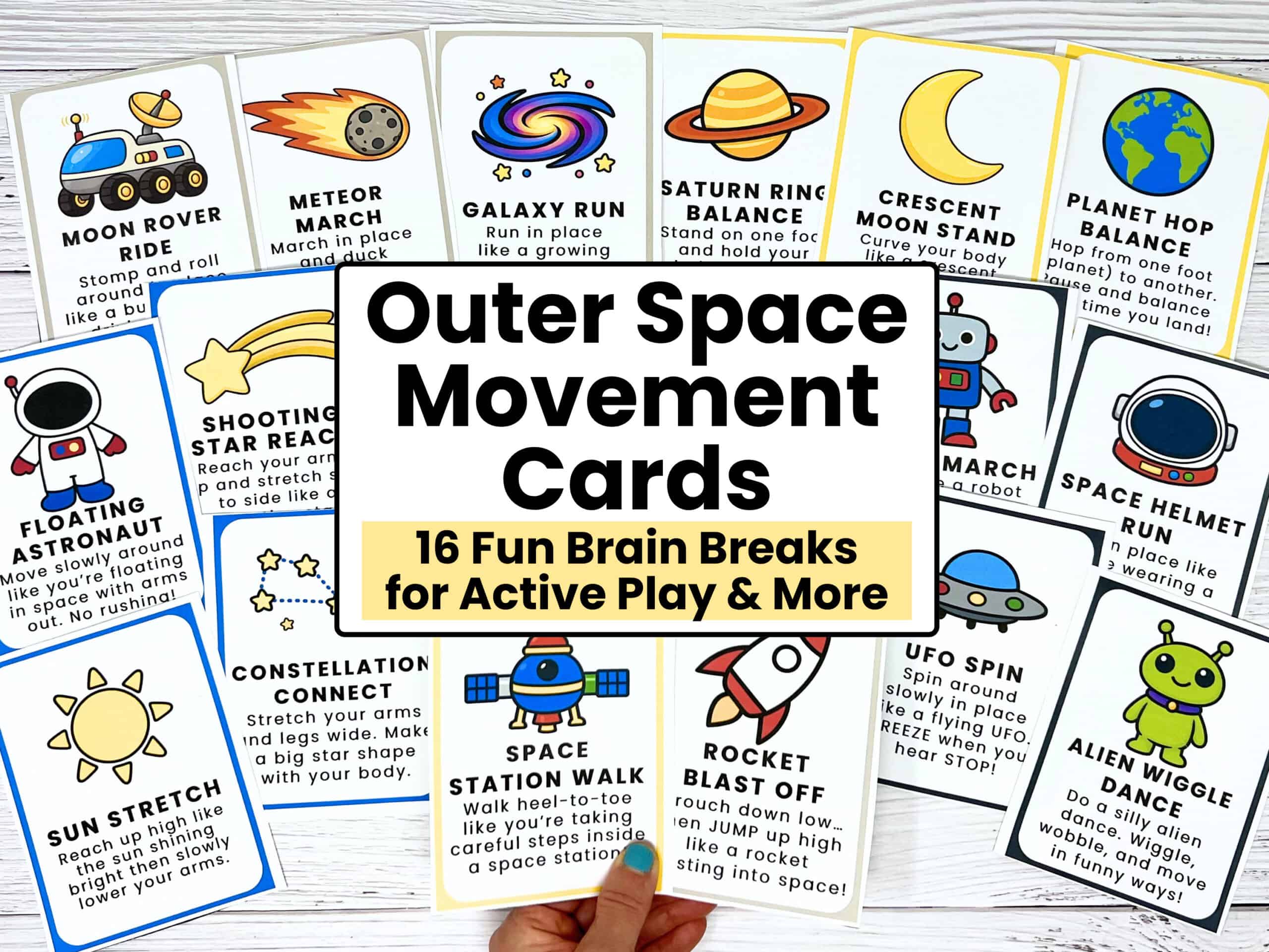 16 printable outer space movement cards for kids.