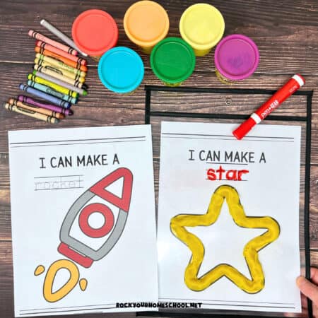 Examples of free printable space playdough mats featuring rocket and star.