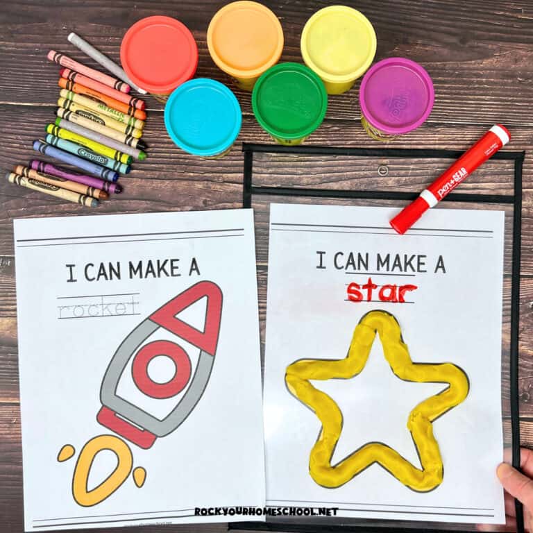Examples of free printable space playdough mats featuring rocket and star.