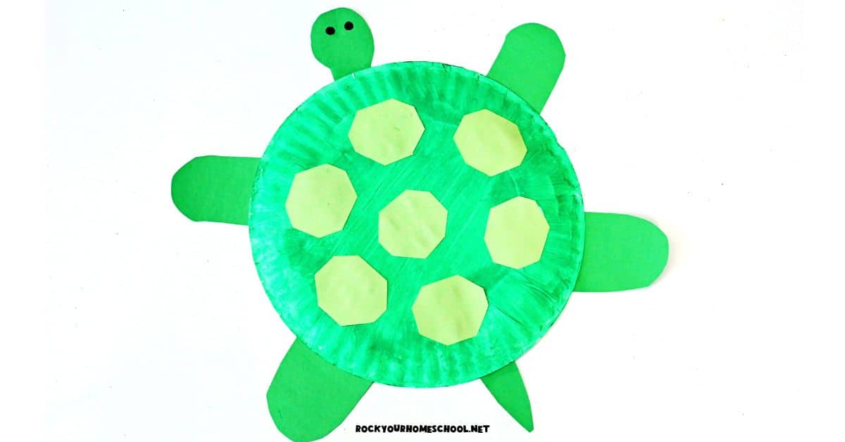Example of simple turtle craft for kids made with paper plate, construction paper pieces.