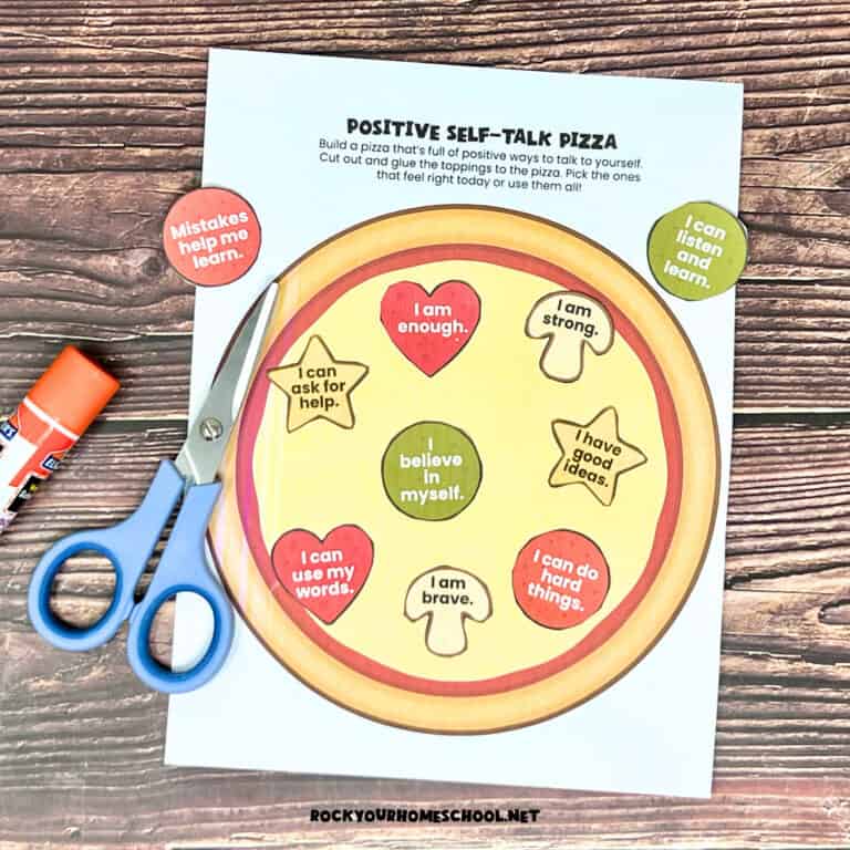Example of color version of free printable pizza craft for a simple positive self-talk activity for kids.