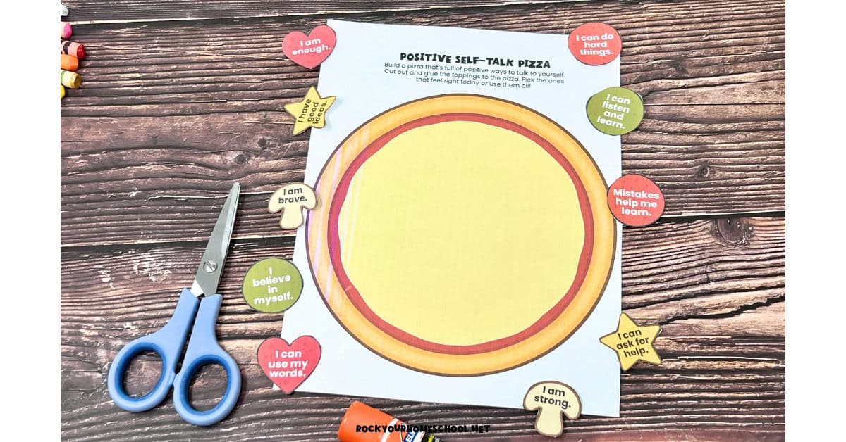 Pieces of color version of positive self-talk pizza craft for SEL activity for kids.