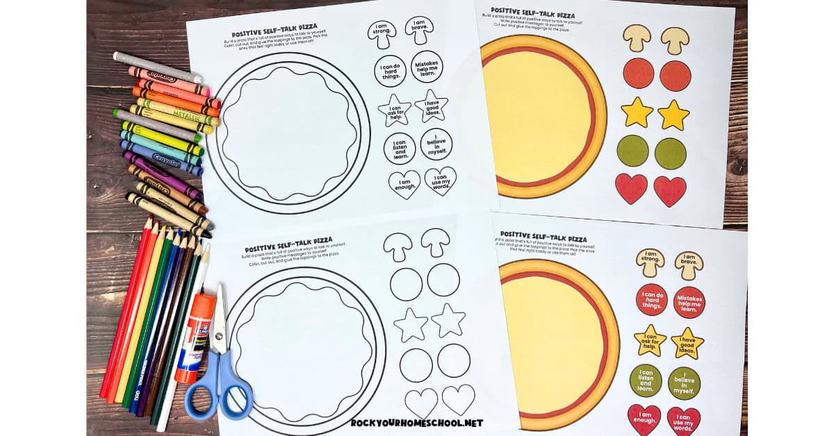 Examples of black-and-white and color versions of this pizza craft for positive self-talk activity.