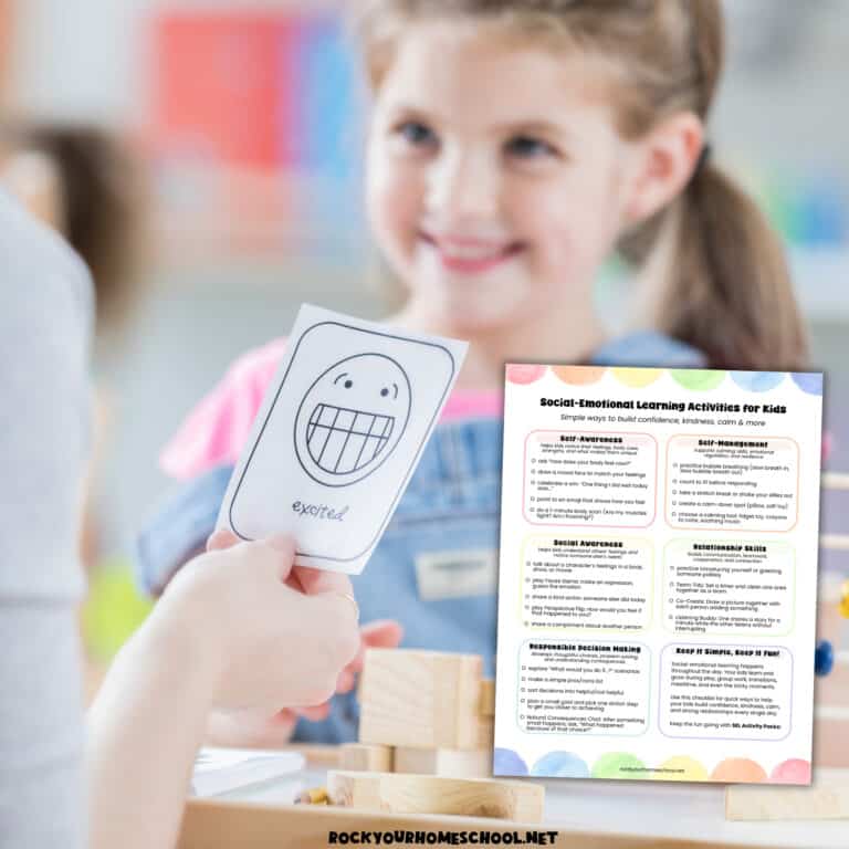 Woman holding emotion card with girl smiling and free printable social-emotional learning activities checklist.