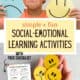 Child holding paper circles with facial expressions and boy making frown face with free printable social-emotional learning activities for kids checklist.