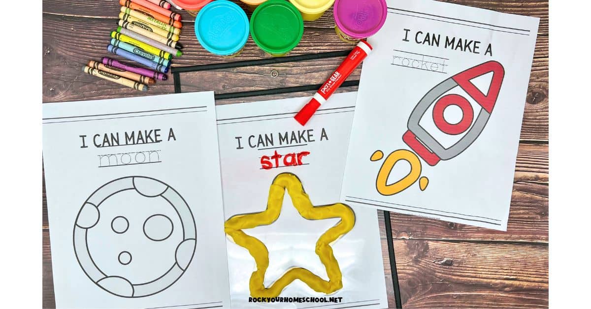 Playdough mats with space themes of moon, star, and rocket.