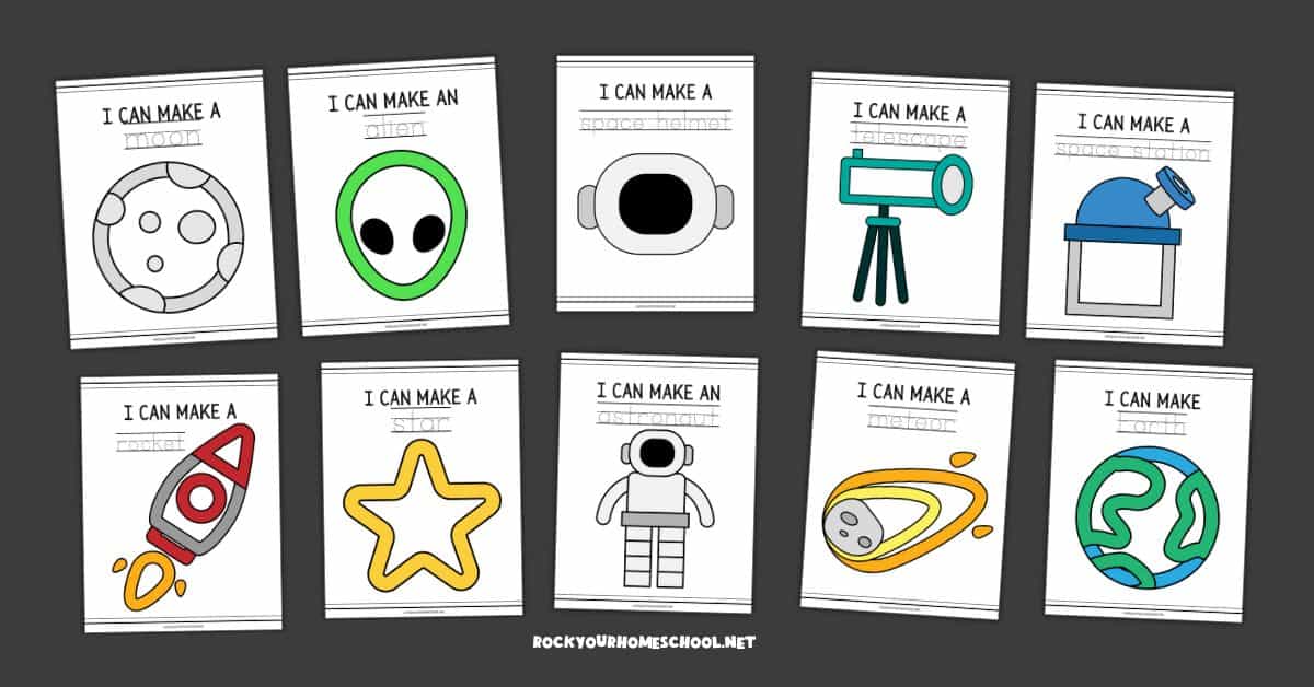 10 free outer space playdough mats featuring moon, alien, astronaut helmet, telescope, space station, rocket, star, astronaut, meteor, and Earth.
