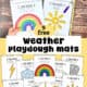 Woman holding examples of rainbow and sun playdough mats and 9 examples of these free printable weather playdough mats.