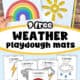 Woman holding examples of rainbow and sun playdough mats and 9 examples of these free printable weather playdough mats.