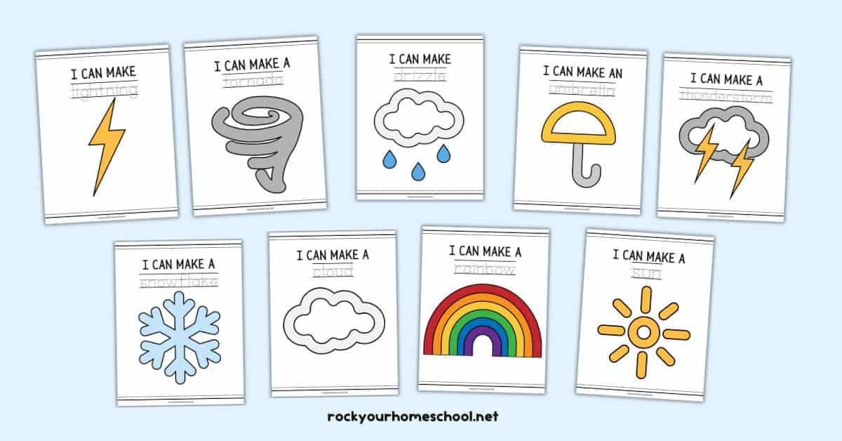 Nine examples of free printable weather playdough mats including lightning, tornado, drizzle, umbrella, thunderstorm, snowflake, cloud, rainbow, and sun.