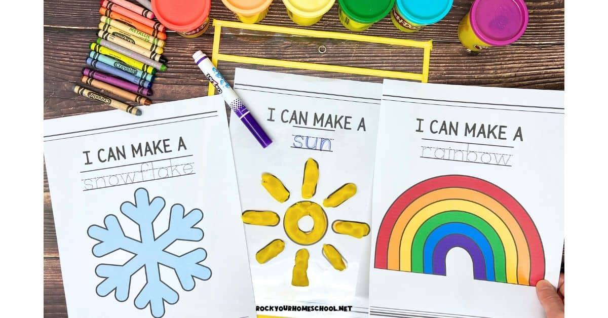 Examples of playdough mats with weather themes including snowflake, sun, and rainbow.