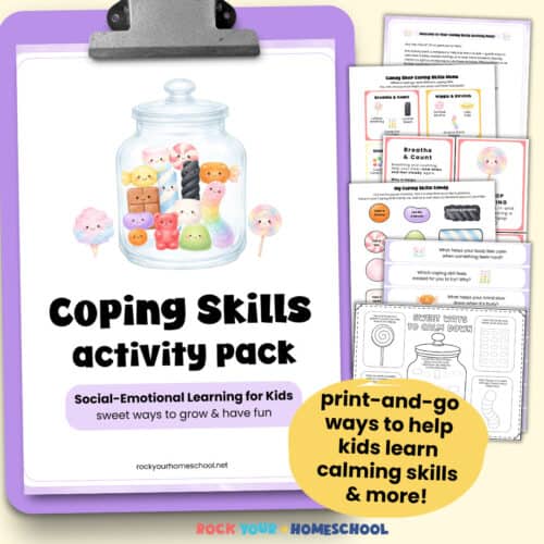 Coping Skills for Kids Activity Pack cover on purple clipboard with printable activities like Coping Skills Candy cards, coping skills candy jar craft, conversation starters, and activity mat.
