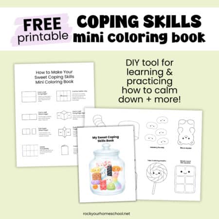 Examples of free printable coping skills mini coloring book with instructions and color example.