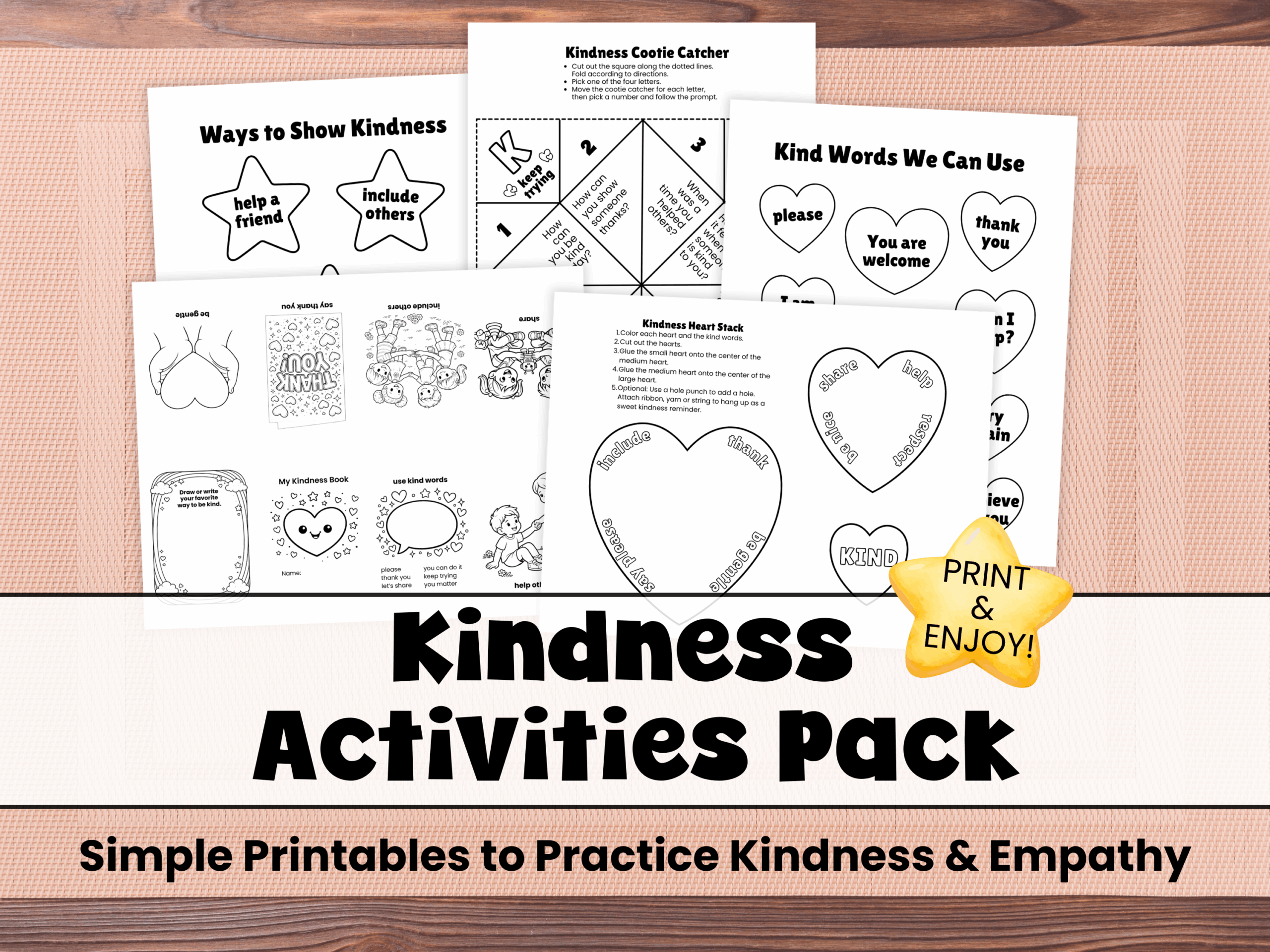 Kindness Activities Pack printable with coloring posters, cootie catcher, mini coloring book, and heart stacking craft.