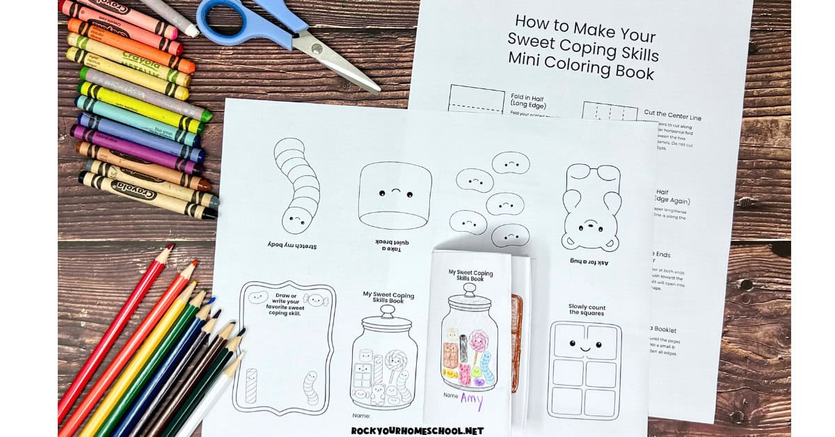Free printable sweet coping skills mini coloring book example with instructions page.
