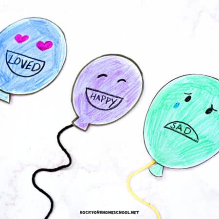 Three examples of paper balloon feelings craft for kids with free printable instant download of balloon templates.