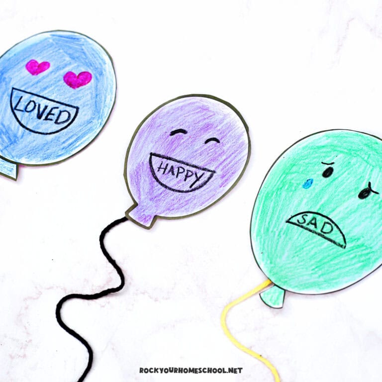 Three examples of paper balloon feelings craft for kids with free printable instant download of balloon templates.