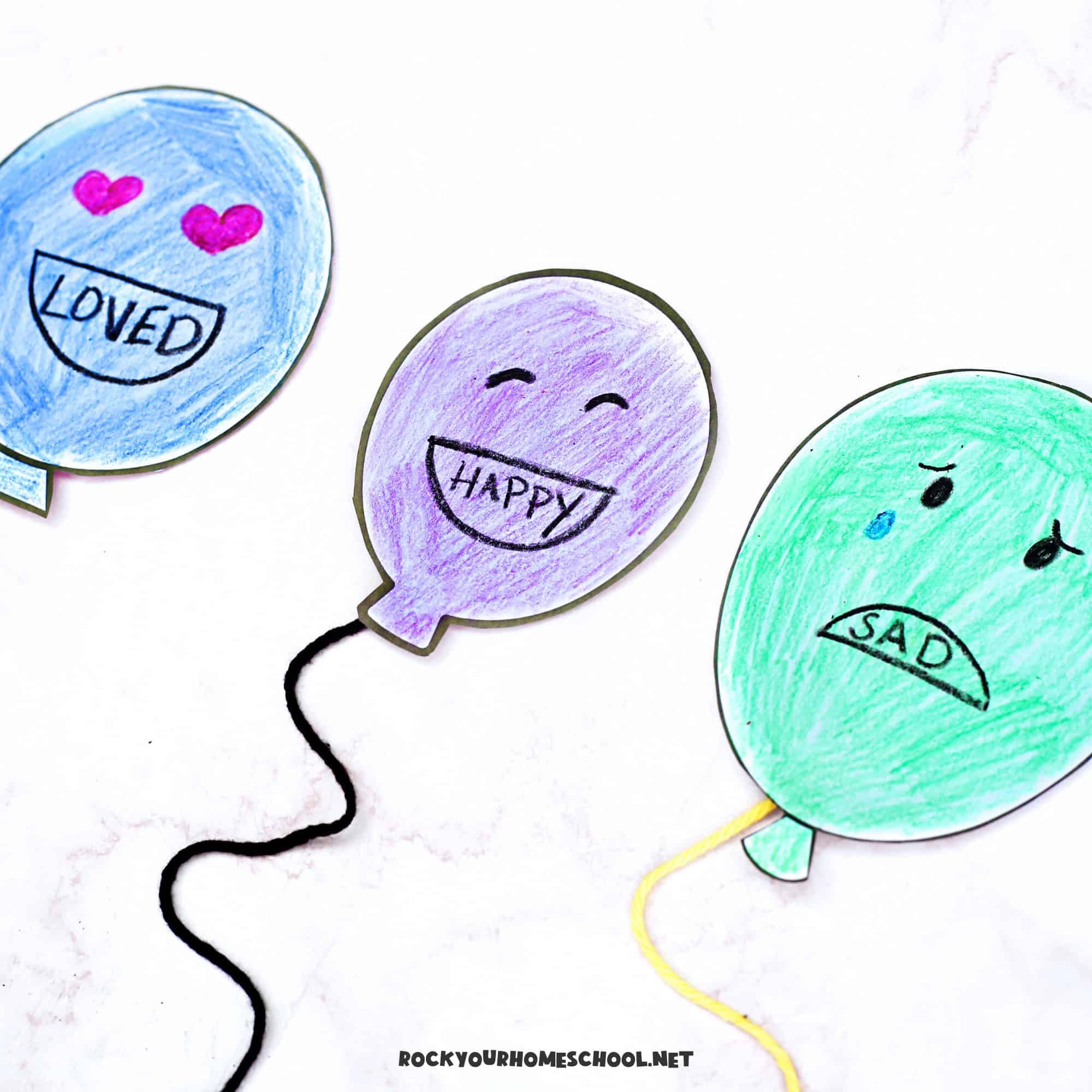 Three examples of paper balloon feelings craft for kids with free printable instant download of balloon templates.