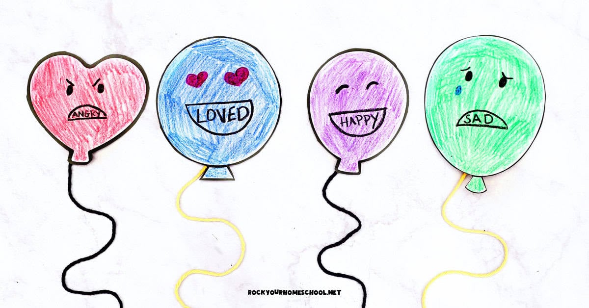 Four examples of paper balloons feelings craft for kids with angry, loved, happy, and sad.